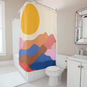 Boho Ästhetische Abstrakte Landschaftsgebirge Blau Duschvorhang