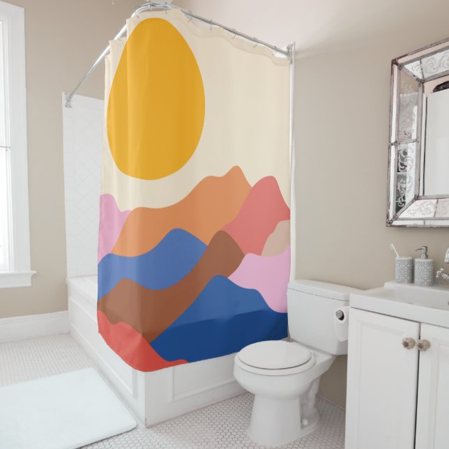Boho Ästhetische Abstrakte Landschaftsgebirge Blau Duschvorhang (Beispiel)