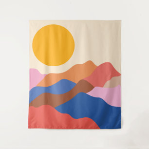 Boho Ästhetische Abstrakte Landschaftsgebirge Blau Wandteppich