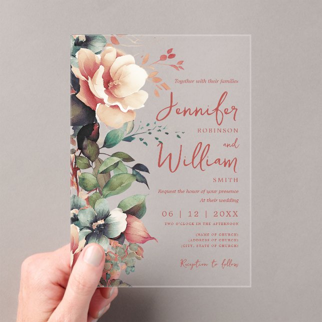 Boho Autumn Fall Floral Wedding Script Typografie Acryleinladungen (Insitu (Handheld))