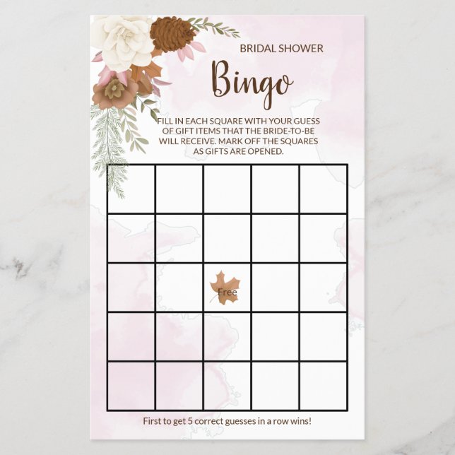 Boho Autumn Floral Brautparty Bingo Game Card Flyer (Vorne)