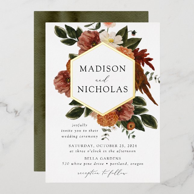 Boho Autumn Floral Frame Wedding Folieneinladung (Vorderseite/Rückseite)