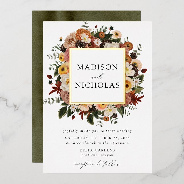 Boho Autumn Floral Frame Wedding Folieneinladung (Vorderseite/Rückseite)