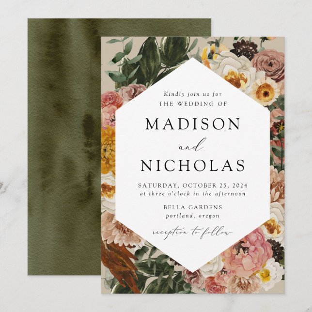 Boho Autumn Floral Geometric Frame Wedding Einladung (Vorne/Hinten)