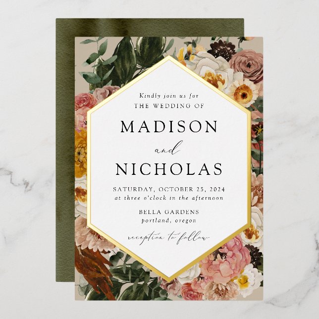 Boho Autumn Floral Geometric Frame Wedding Folieneinladung (Vorderseite/Rückseite)
