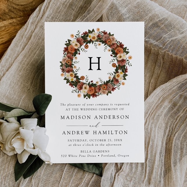 Boho Autumn Floral Monogram Wedding Einladung (Von Creator hochgeladen)