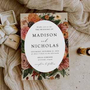 Boho Autumn Floral Oval Frame Wedding Einladung