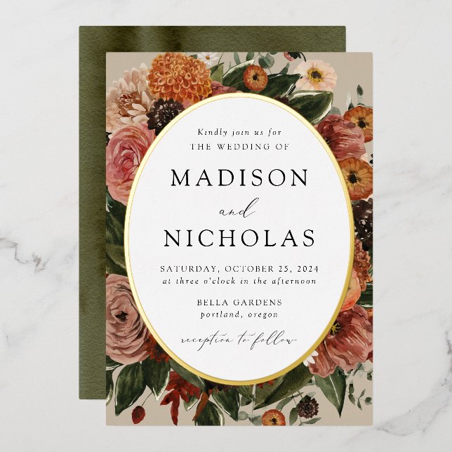 Boho Autumn Floral Oval Frame Wedding Folieneinladung (Vorderseite/Rückseite)