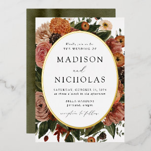 Boho Autumn Floral Oval Frame Wedding Folieneinladung