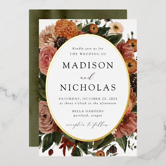 Boho Autumn Floral Oval Frame Wedding Folieneinladung (Vorderseite/Rückseite)
