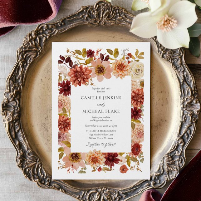 Boho Autumn Floral QR Code Wedding Invitation Einladung (Autumn Botanical QR Code Wedding Invitation)