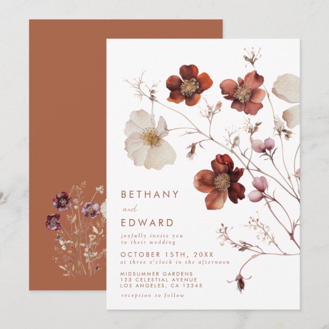 Boho Autumn Floral Wedding Einladung (Vorne/Hinten)