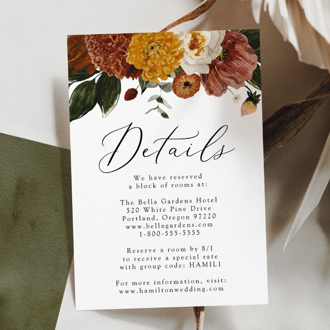 Boho Autumn Floral Wedding Guest Details Begleitkarte (Von Creator hochgeladen)