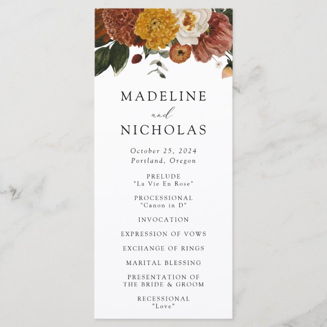 Boho Autumn Floral Wedding Zeremonie Programm (Vorderseite)