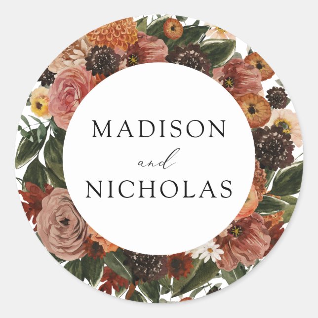 Boho Autumn Floral Wreath Wedding Stickers (Vorderseite)