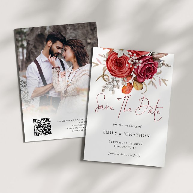 Boho Autumn Florals Foto Overlay QR Code Wedding Save The Date (Front and back view)