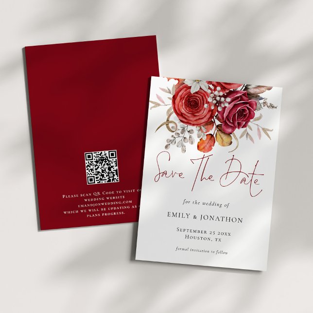 Boho Autumn Florals QR Code Wedding Save The Date (Front and back view)