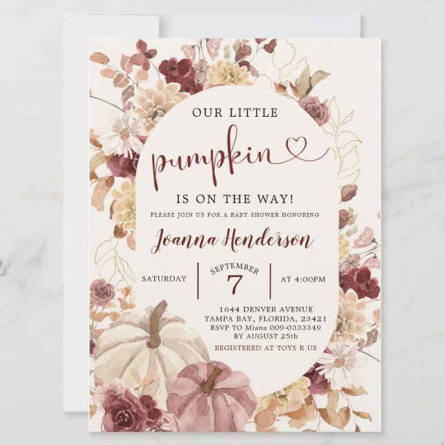 Boho Autumn Pumpkin Floral Baby Shower Einladung (Vorderseite)