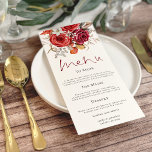 Boho Autumn Red Orange Florals Wedding Menükarte<br><div class="desc">Boho Herbst Rot Orange Florals Hochzeit. Herbstfarbene Blütenblätter grenzen an die Spitze,  mit einem eleganten Menu-Skript und leicht zu personalisieren,  die Erholung des Textes auf Ihre Bedürfnisse.</div>