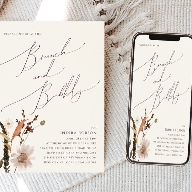 Boho Autumn Wildblume | Beige Brunch und Bubbly Einladung (Von Creator hochgeladen)