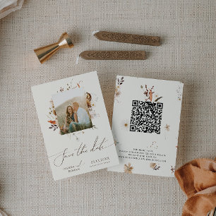 Boho Autumn Wildblume Beige Foto Frame QR Code Save The Date