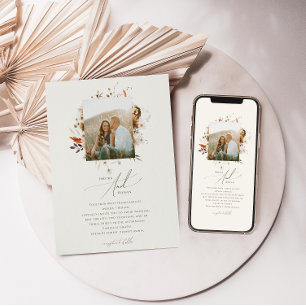 Boho Autumn Wildblume   Beige Foto Hochzeit Einladung