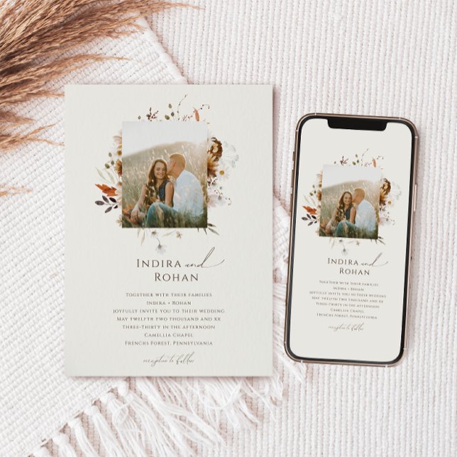Boho Autumn Wildblume | Beige Foto-Rahmen-Hochzeit Einladung (Von Creator hochgeladen)