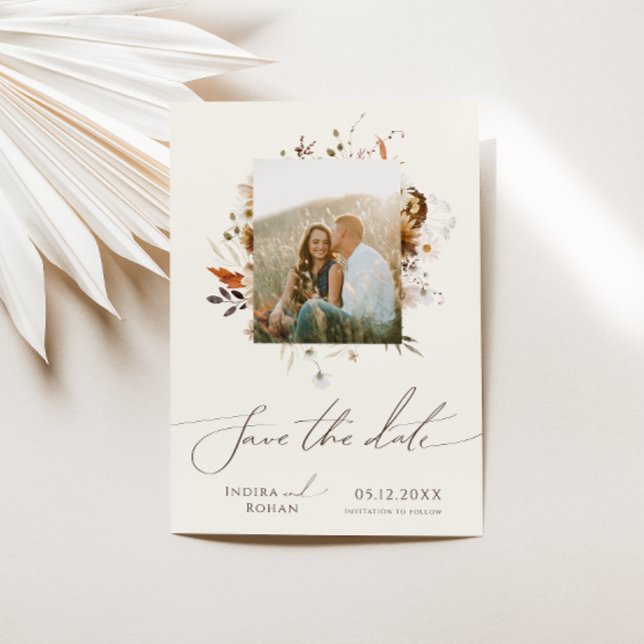 Boho Autumn Wildblume | Beige Foto-Rahmen Save The Date (Von Creator hochgeladen)