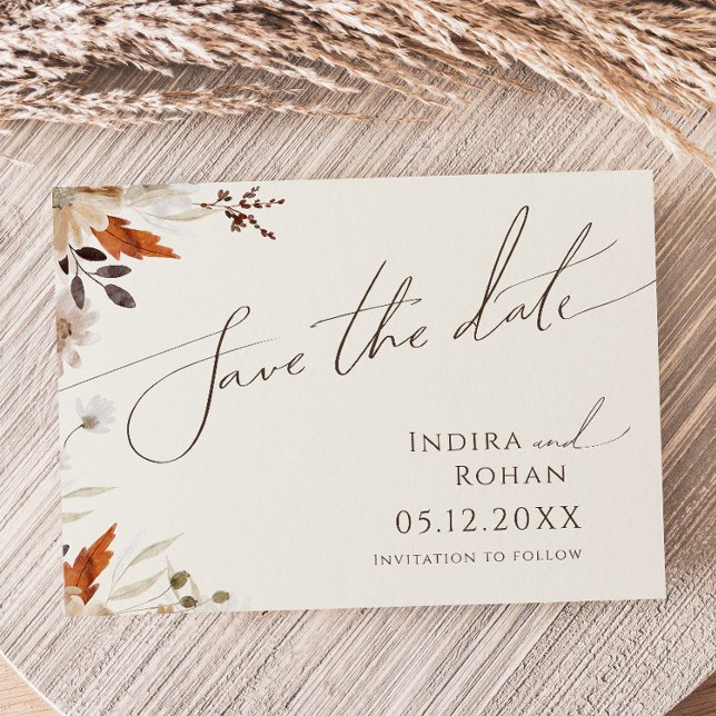 Boho Autumn Wildblume | Beige Horizontal Save The Date (Von Creator hochgeladen)