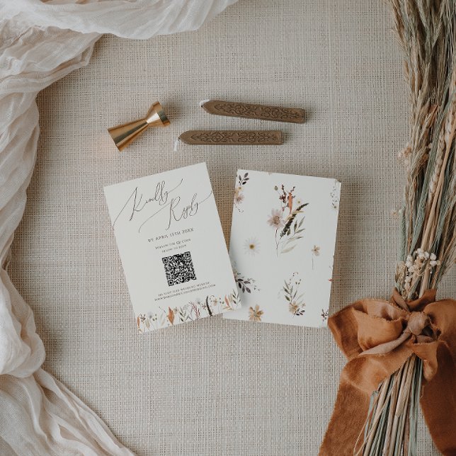 Boho Autumn Wildblume | Beige QR Code RSVP Card Karte (Von Creator hochgeladen)