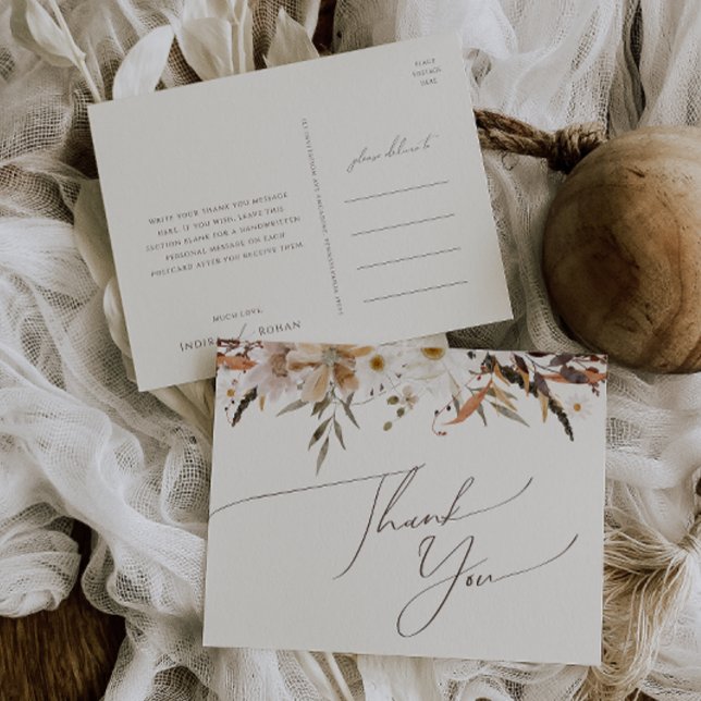 Boho Autumn Wildblume | Beige Wedding Vielen Dank Postkarte (Von Creator hochgeladen)