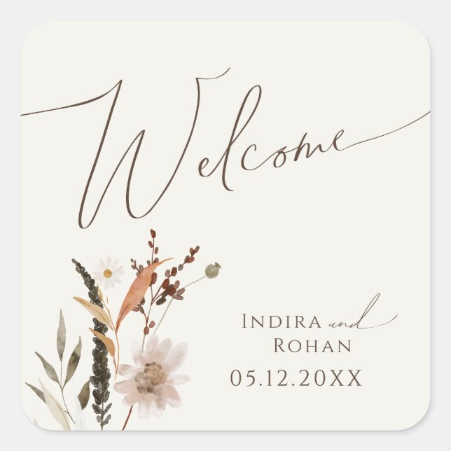 Boho Autumn Wildblume | Beige Wedding Welcome Quadratischer Aufkleber (Vorderseite)