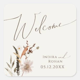 Boho Autumn Wildblume Beige Wedding Welcome Quadratischer Aufkleber