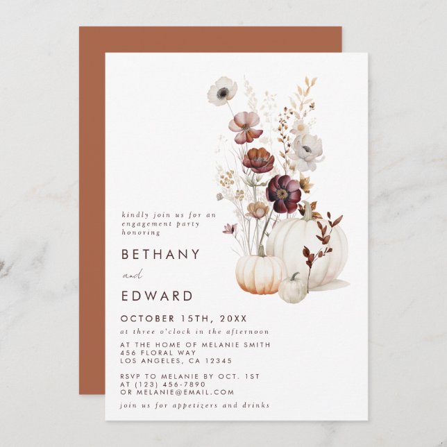 Boho Autumn Wildblume Pumpkin Engagement Party Einladung (Vorne/Hinten)