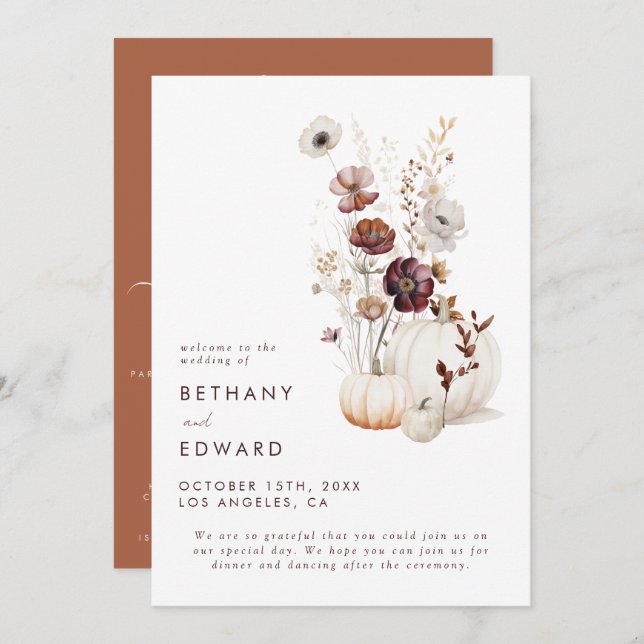 Boho Autumn Wildblume Pumpkin Wedding Programm (Vorne/Hinten)