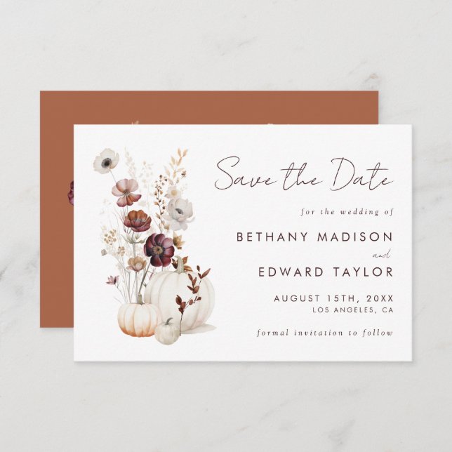 Boho Autumn Wildblume Pumpkin Wedding Save The Date (Vorne/Hinten)