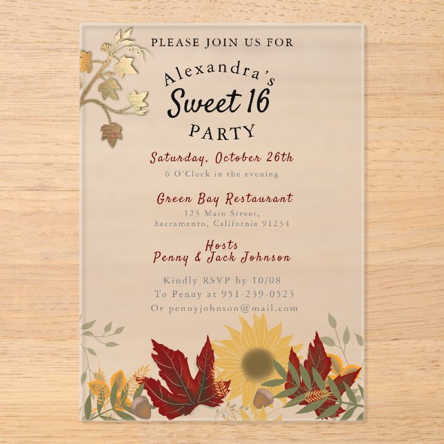 Boho Autumnal Chic Sweet 16 Acryleinladungen (Vorderseite)