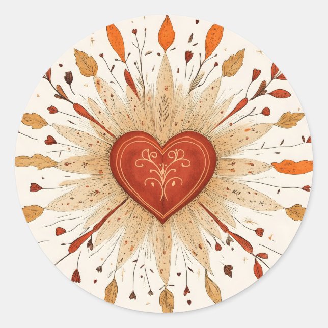 Boho Autumnal Heart Illustration Runder Aufkleber (Vorderseite)