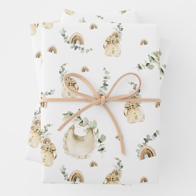 Boho Baby Bibs Rainbows Botanisches Vegetationsmus Geschenkpapier Set (Beispiel)
