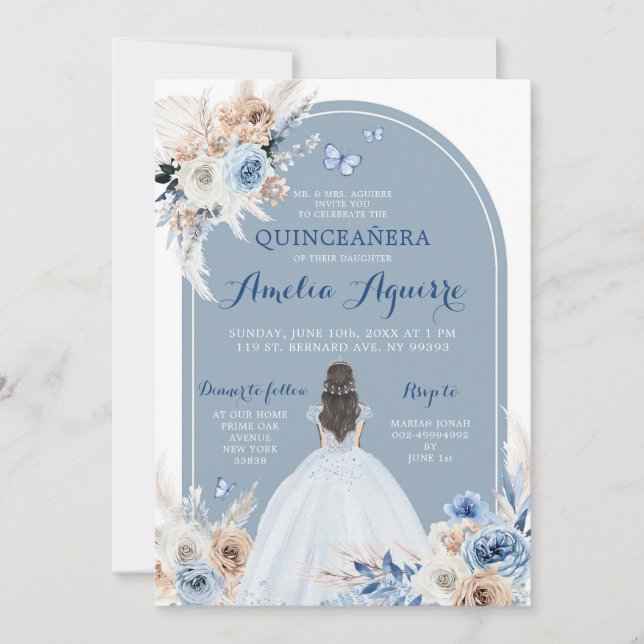 Boho Baby Blue Quinceañera Einladung (Vorderseite)