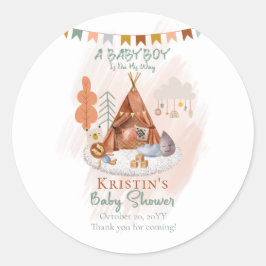 Boho Baby Boy Teepee and Toys Baby Shower Runder Aufkleber