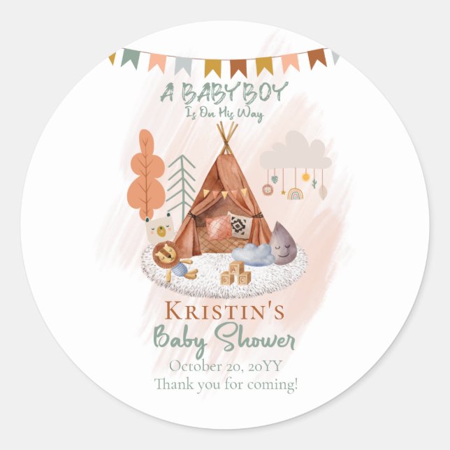 Boho Baby Boy Teepee and Toys Baby Shower Runder Aufkleber (Vorderseite)