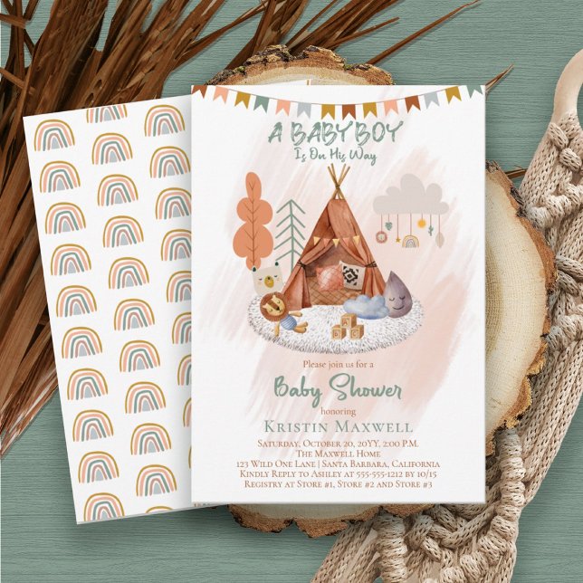 Boho Baby Boy Teepee and Toys Baby Sprinkle Einladung (Von Creator hochgeladen)