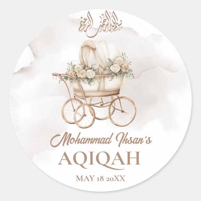 Boho Baby Carriage Aqiqah Unisex Muslim Neuborn Runder Aufkleber (Vorderseite)