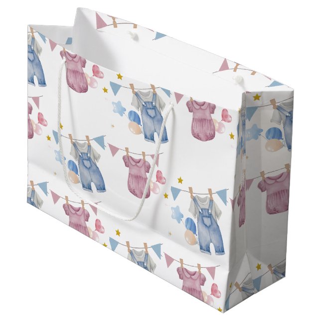Boho Baby Clotheline Gender Reveal Große Geschenktüte (Vorderseite Schrägansicht)