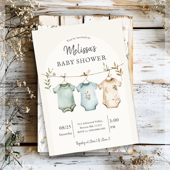 Boho Baby Clothes on a Line Baby Shower  Einladung (Von Creator hochgeladen)