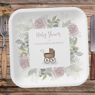 Boho Baby Dusche Rosa Botanische Blüte Vintag Pappteller