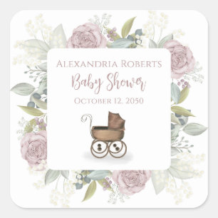 Boho Baby Dusche Rosa Botanische Blüte Vintag Quadratischer Aufkleber