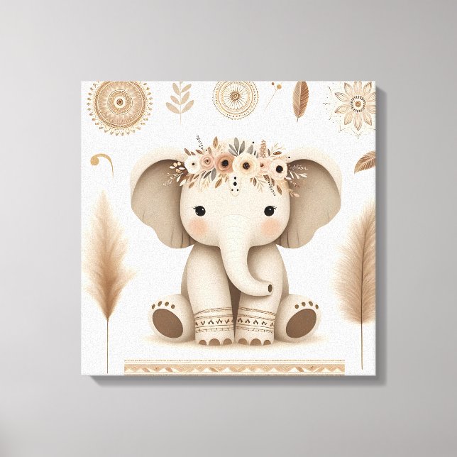 Boho Baby Elephant Mandala Wall Art | Süße Tier Leinwanddruck (Vorderseite)