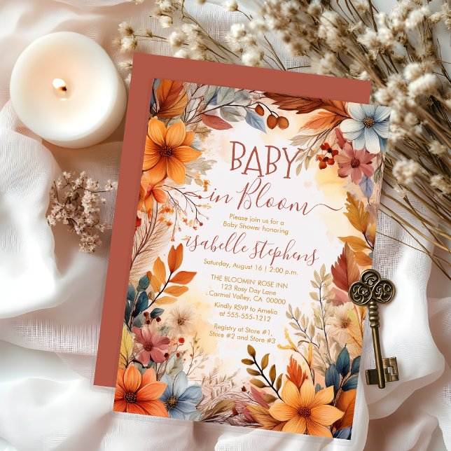 Boho Baby in Bloom Fall Floral Frame Baby Dusche Einladung (Boho Baby in Bloom Fall Floral Frame Baby Shower Invitation - Dusky Rose - Print | Digital Download)